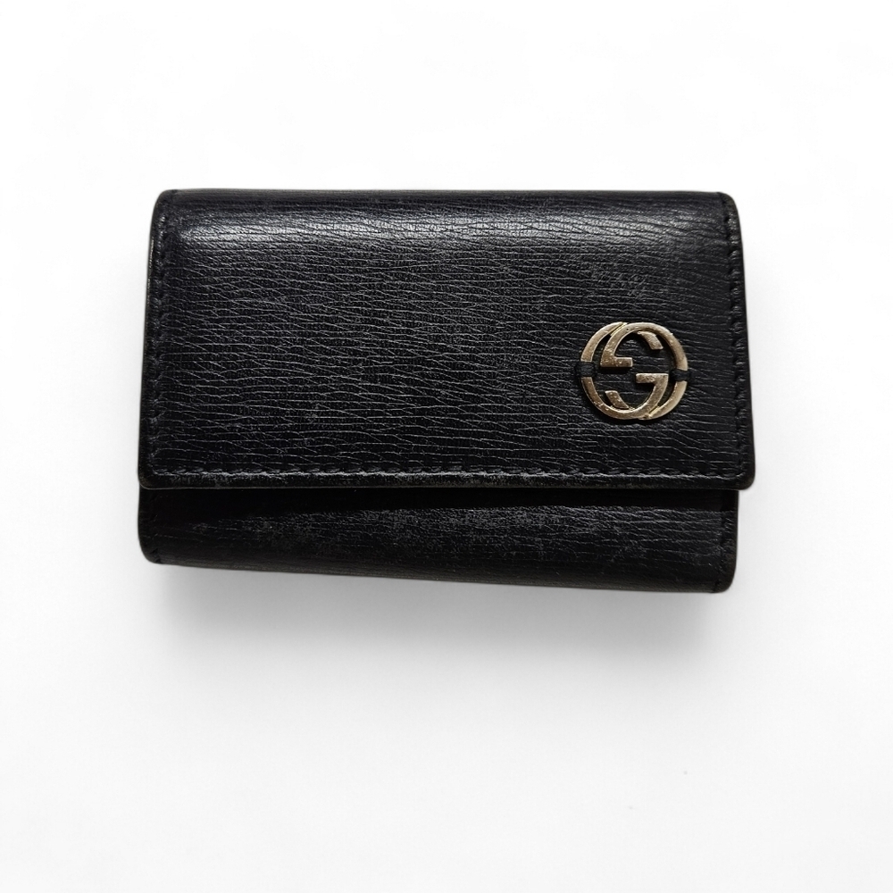 Gucci Navy Blue Leather Keyholder Compact Wallet Silver Monogram